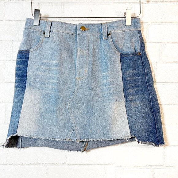 Wild Honey Blue Two Tone Color Block Step Hem Denim Mini Skirt Size M - Picture 2 of 8